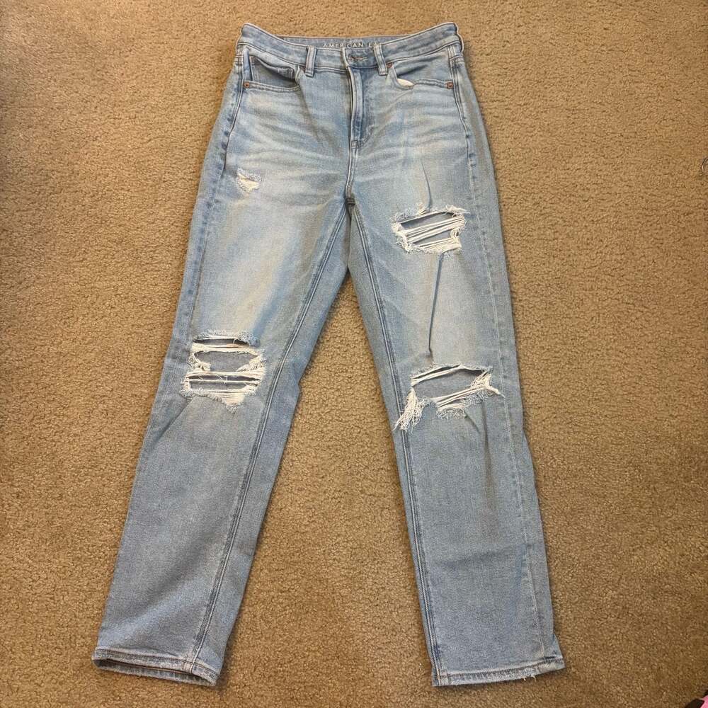 American Eagle Mom Straight Jean Distressed High Rise Light Wash